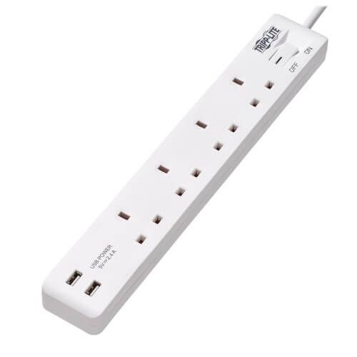 Tripp Lite Power Extension 4Way 3Pin UK 2 USB 13A 1.8M - White (PS4B18USBW)